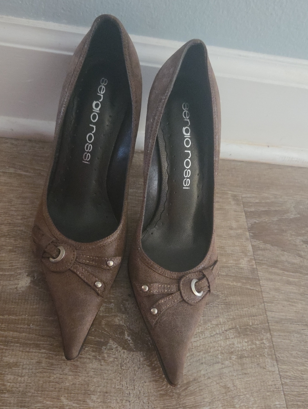 Sergio Rossi Brown Suede Pointed-Toe Pumps with Buckle Detail